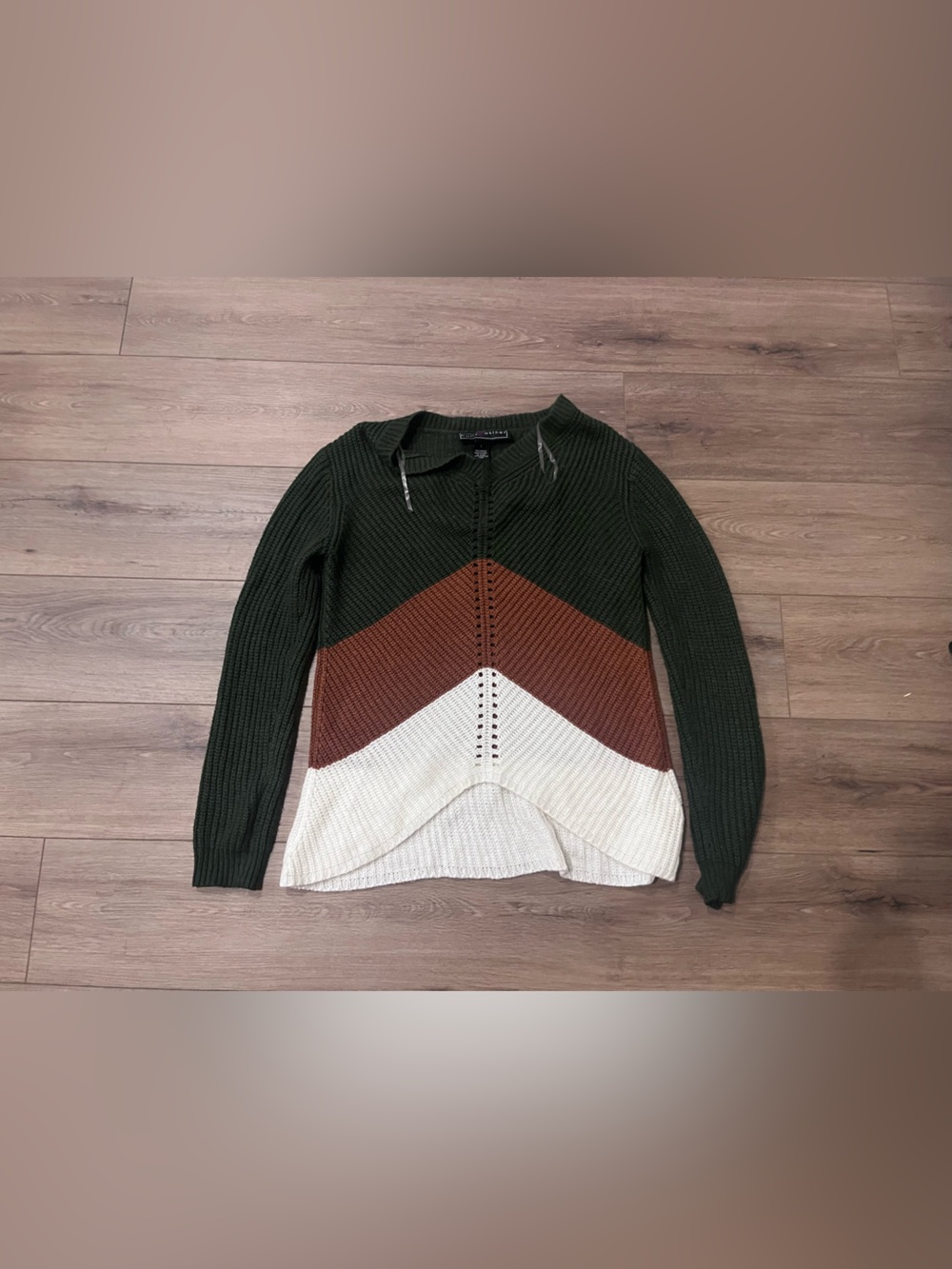 Polly & Esther Olive, Brown & Cream Chevron Crewneck Sweater